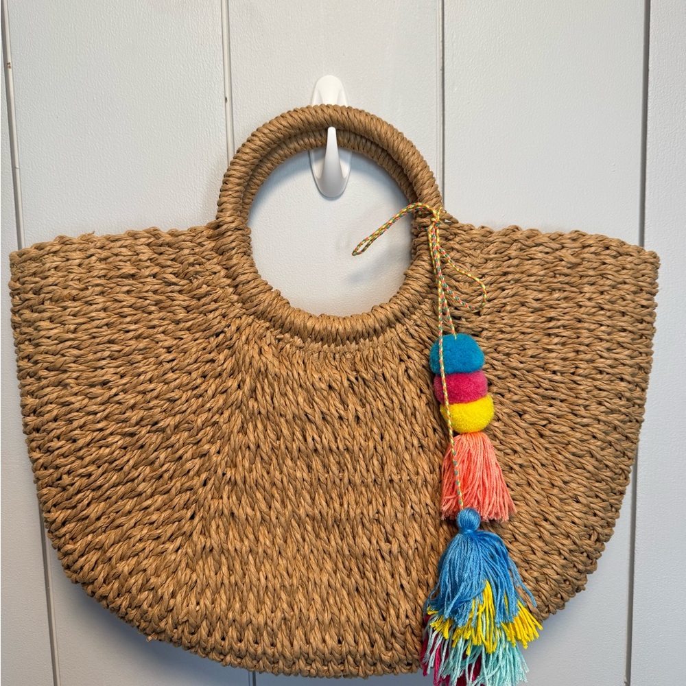 NWOT Woven Straw Tote with Colorful Tassels
